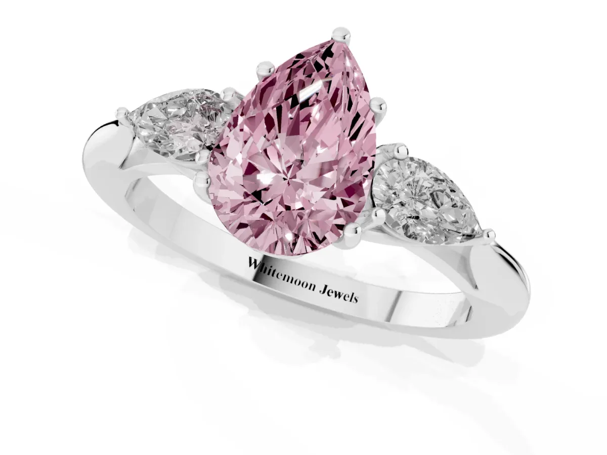 Fancy Pink Pear Cut Diamond Three-Stone Ring with Pear Side Stones and Prong Setting Silver