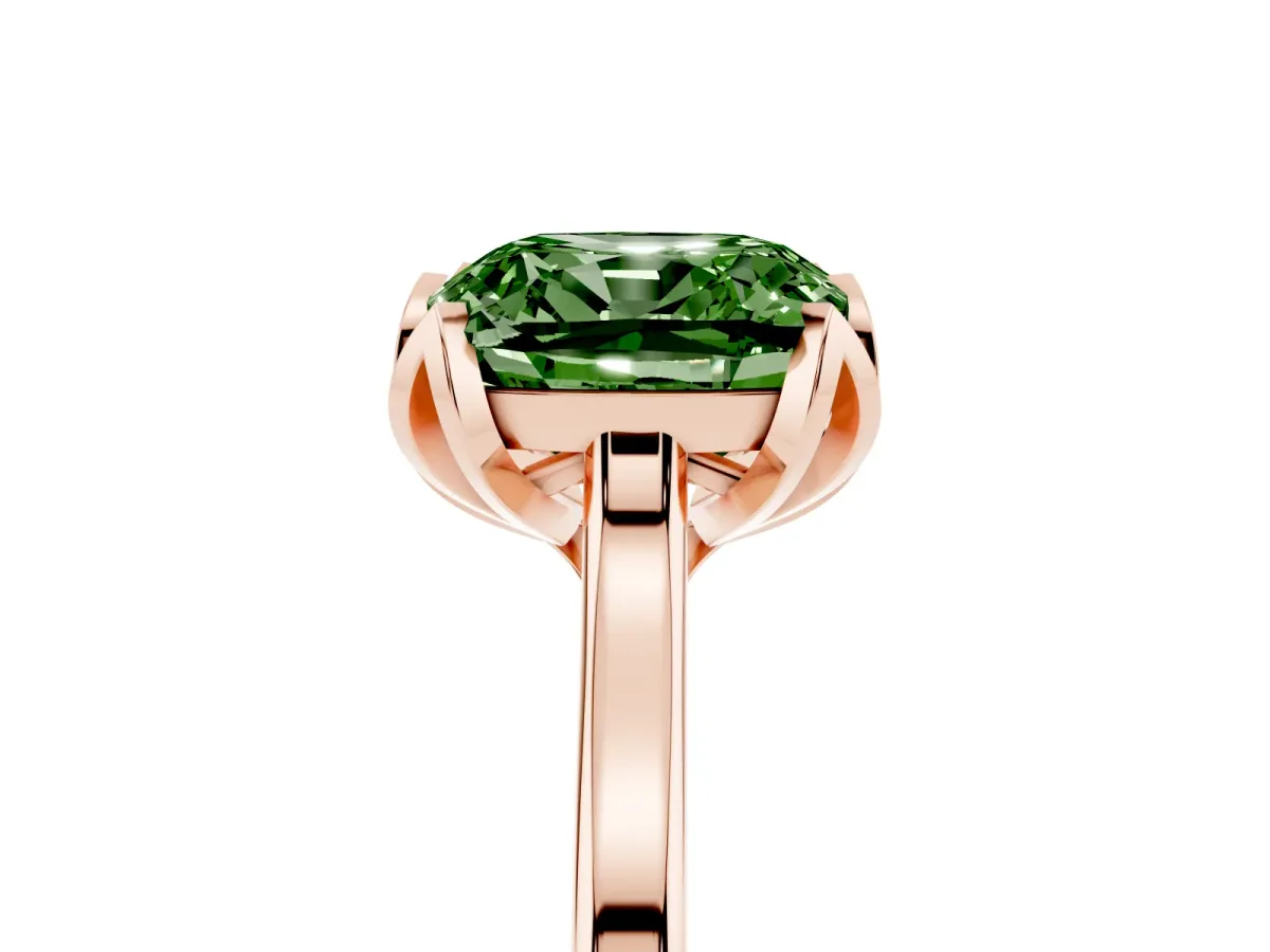 Fancy Green Cushion Cut Diamond Solitaire Ring with Flower Prong Setting and Classic Band Rose gold