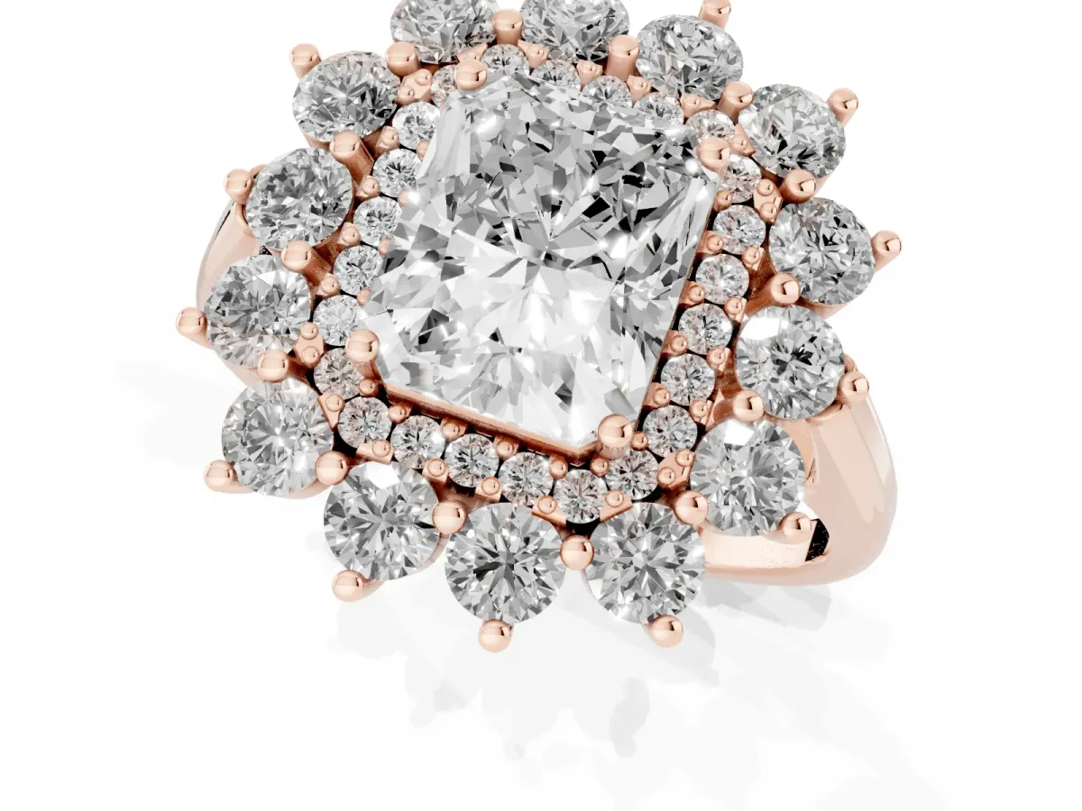 Radiant Cut Diamond Floral Double Halo Engagement Ring with Prong Setting Rose gold