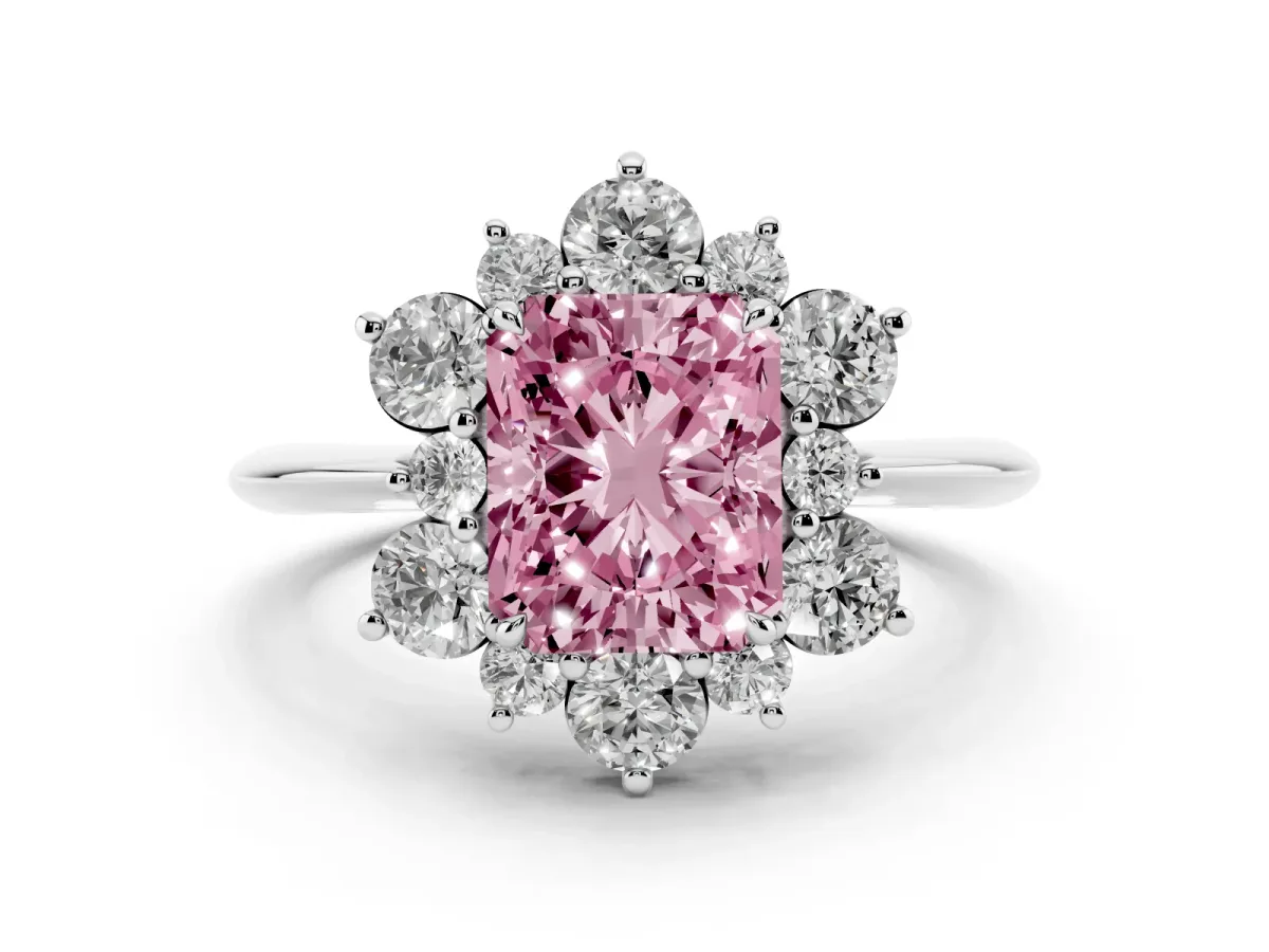 Fancy Pink Radiant Cut Diamond Cluster Halo Ring with Solitaire Band and Four-Prong Setting Silver