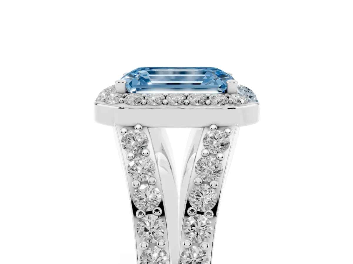 Fancy Blue Emerald Cut Diamond Split Shank Halo Ring with Four-Prong Setting Silver