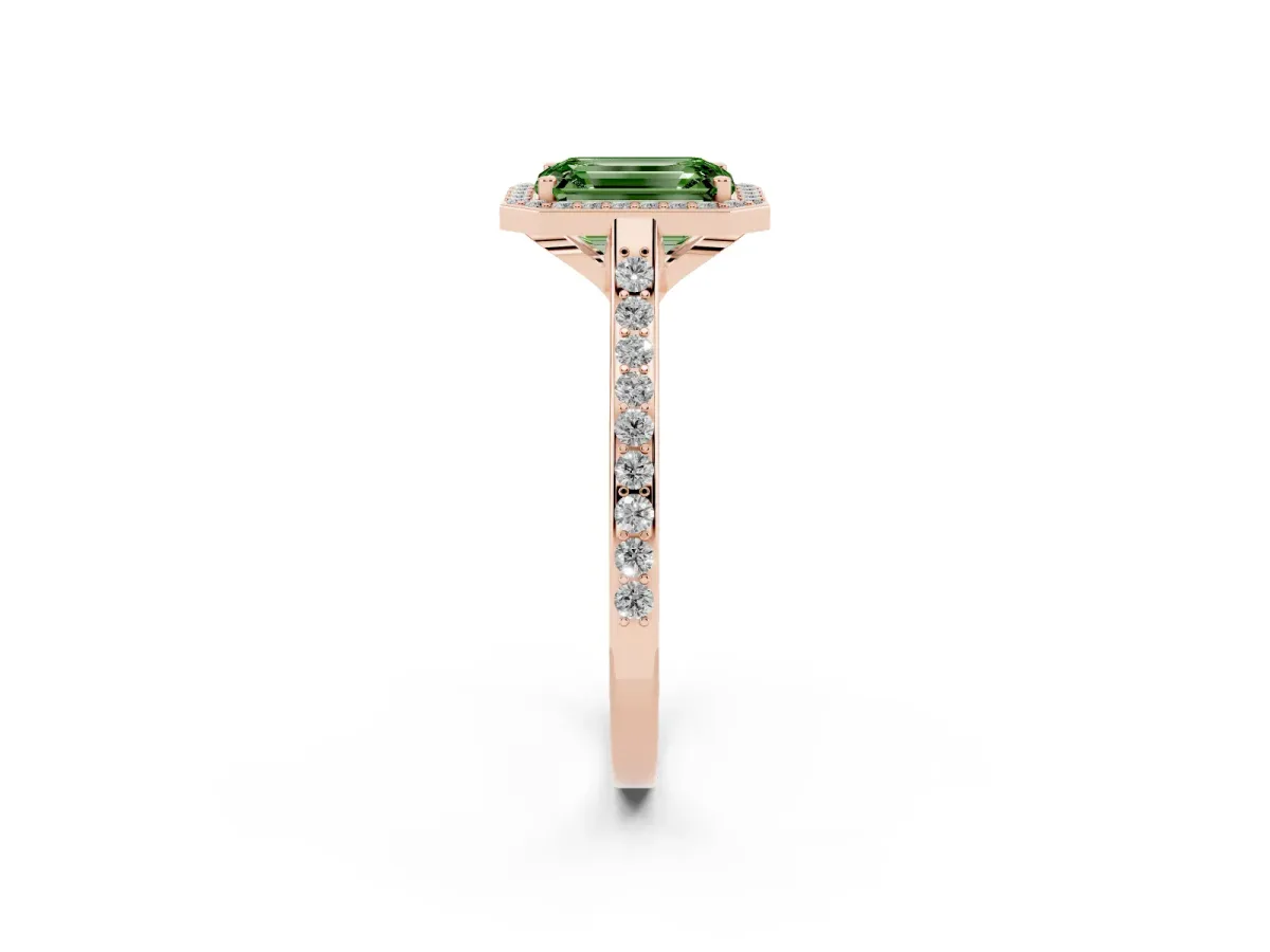 Fancy Green Emerald Cut Diamond Halo Engagement Ring with Round Pavé Shoulders and Prong Setting Rose gold