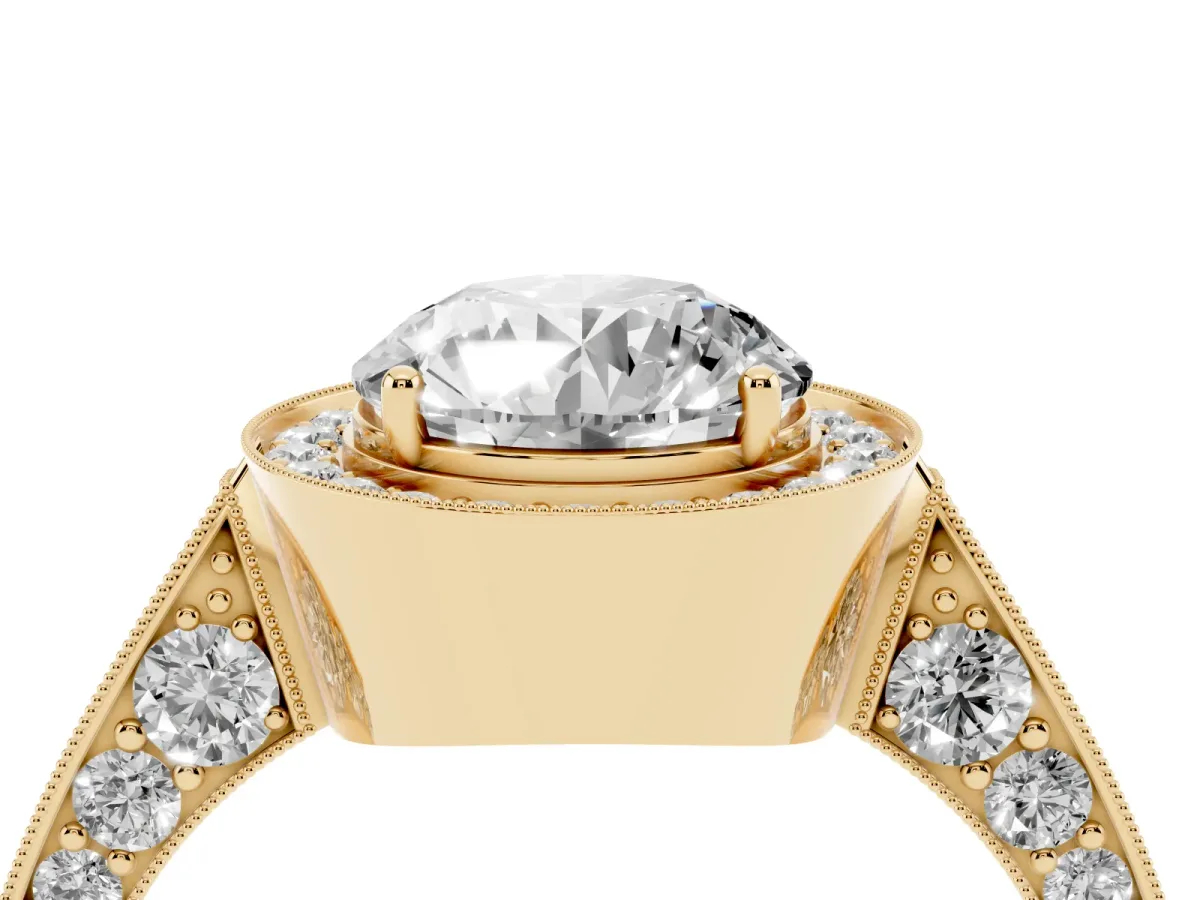Round Cut Halo Diamond Engagement Ring with Split Shank Band and Four-Prong Setting Yellow gold