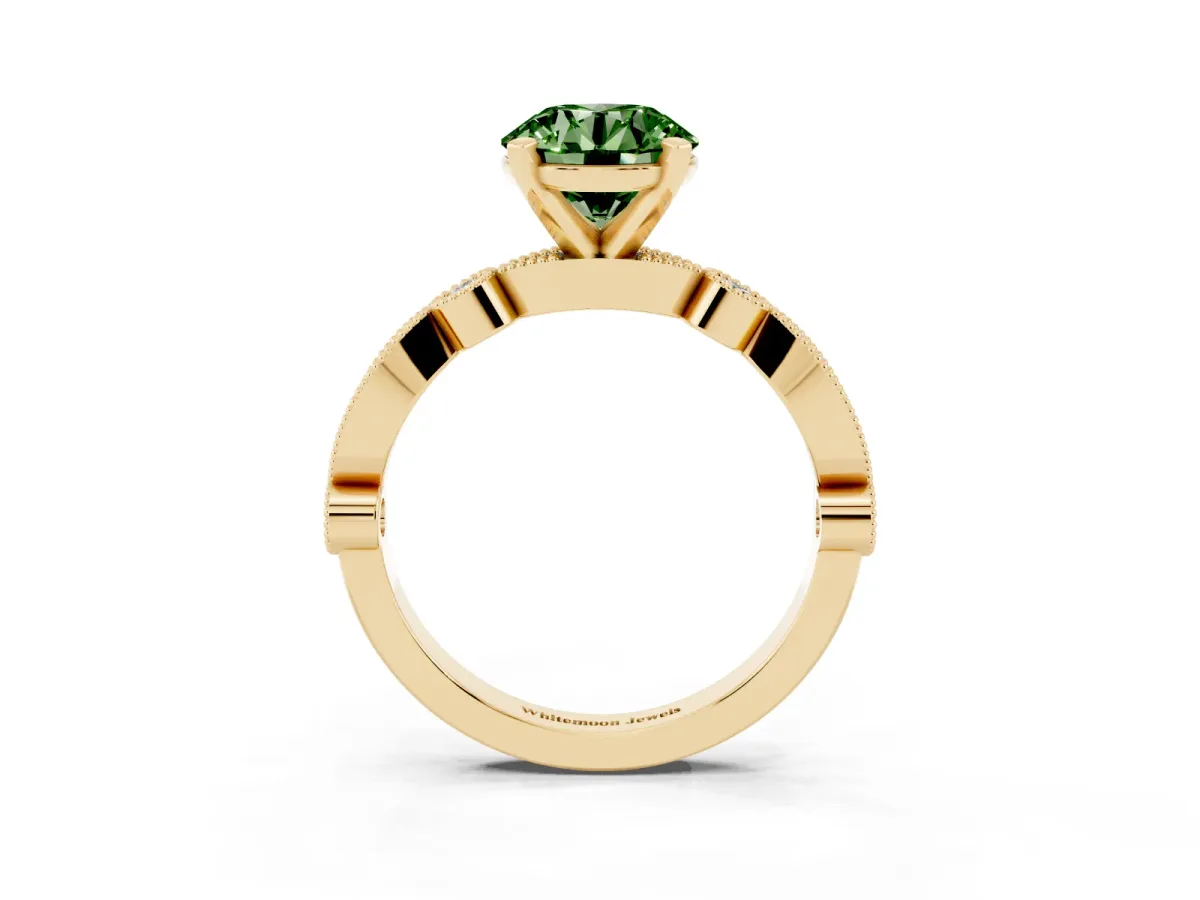Fancy Green Round Cut Milgrain Bezel Diamond Engagement Ring with Solitaire Prong Setting Yellow gold