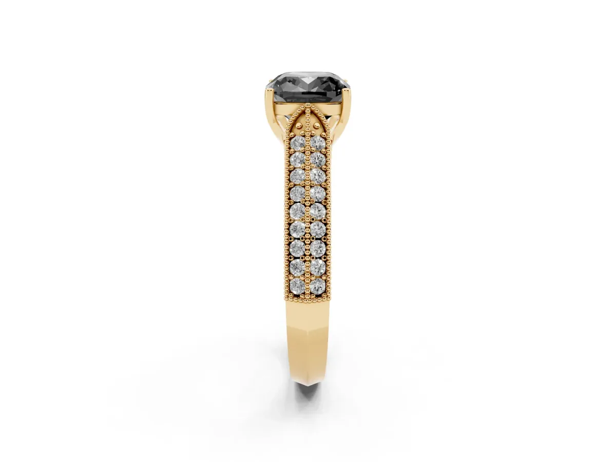 Fancy Black Cushion Cut Cut Pave Split Shank Engagement Ring with Four-Prong Setting Yellow gold