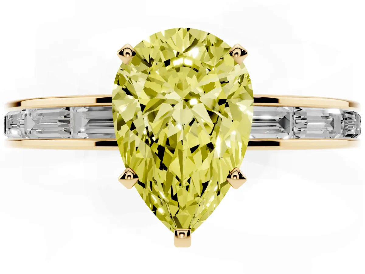 Fancy Yellow Pear Cut Solitaire Diamond Ring with Channel-Set Baguette Band and Four-Prong Setting Yellow gold