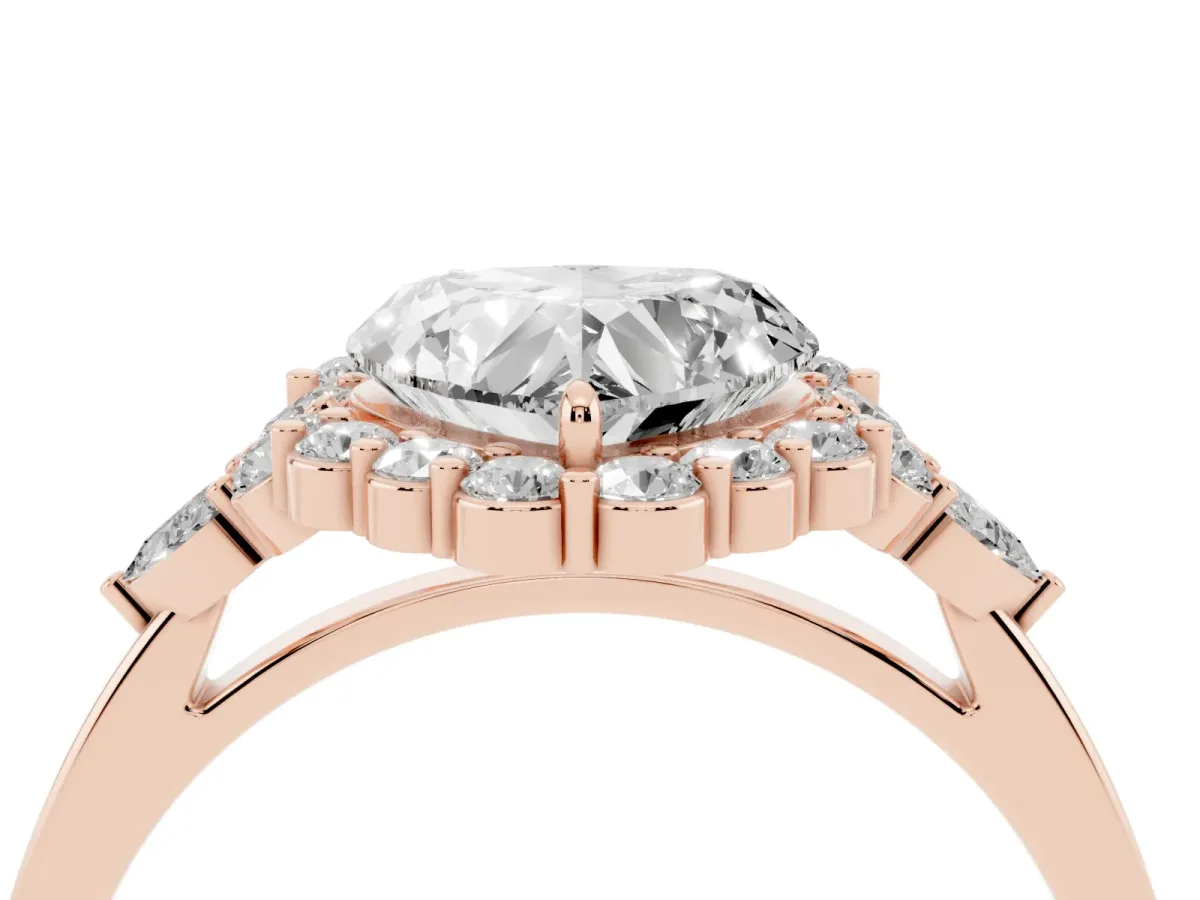 Heart Cut Diamond Halo Ring with Pear Side Stones and Prong Setting Rose gold