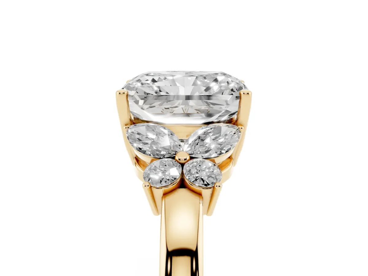Radiant Cut Cut Solitaire Floral Diamond Ring with Four-Prong Setting Yellow gold