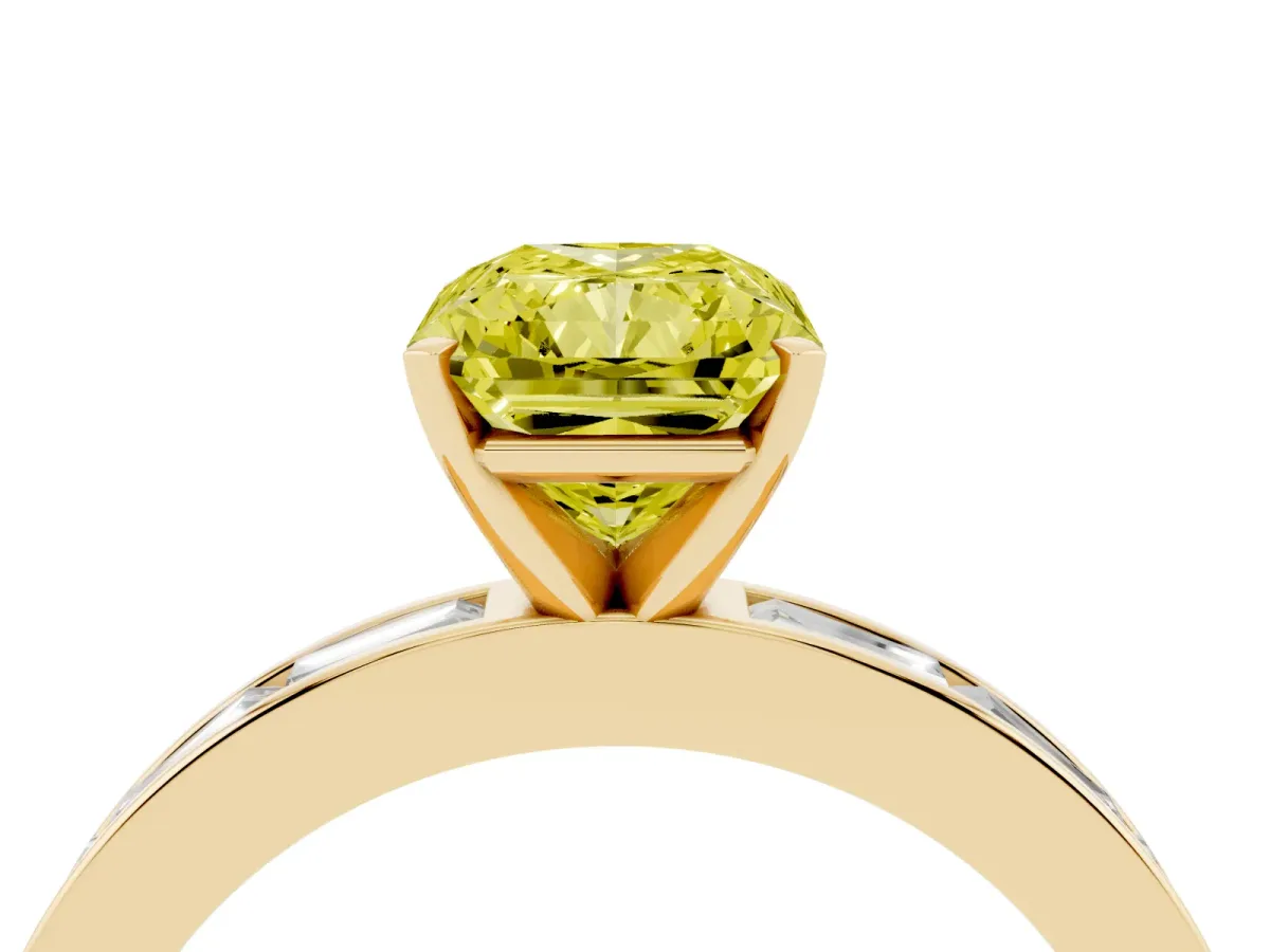Fancy Yellow Radiant Cut Solitaire Diamond Ring with Channel-Set Baguette Band and Four-Prong Setting Yellow gold