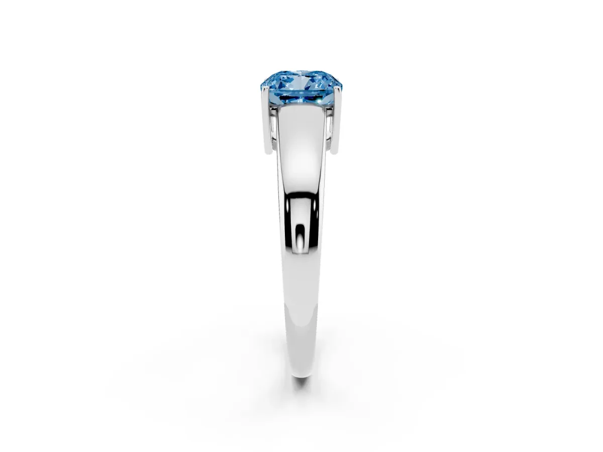 Fancy Blue Cushion Cut Solitaire Diamond Ring with Tapered Band and Four-Prong Setting Platinum