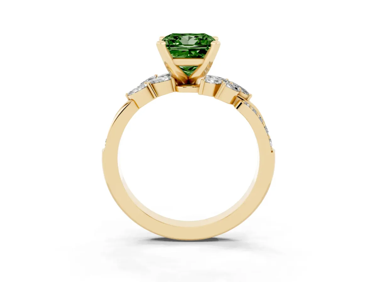 Fancy Green Princess Cut Solitaire Marquise Twist Band with Six-Prong Setting Yellow gold