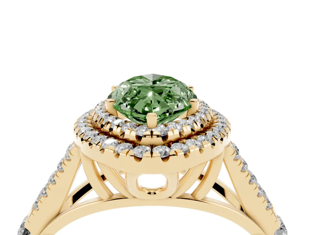Fancy Green Marquise Cut Cut Double Halo Split Shank Diamond Ring with Prong Setting Yellow gold