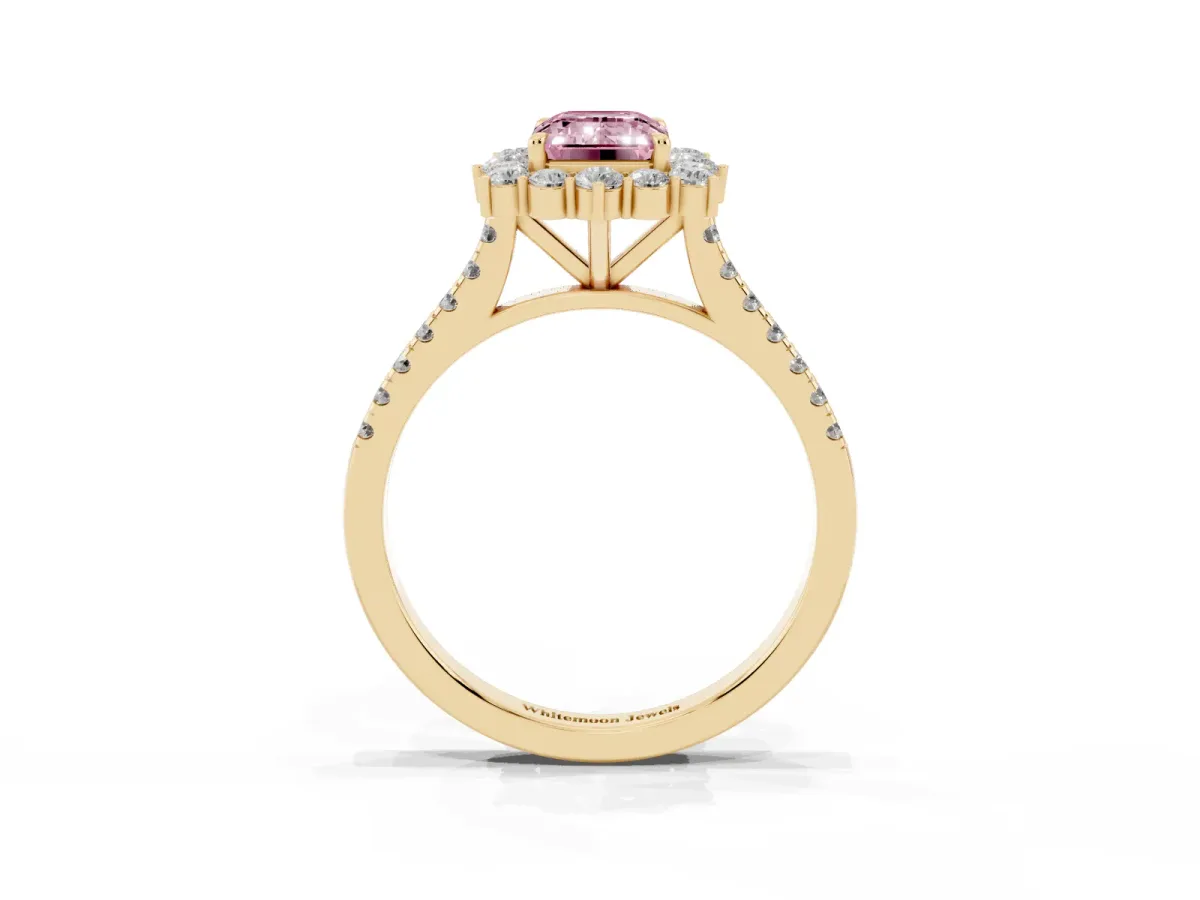 Fancy Pink Emerald Cut Halo Diamond Ring with Pavé Band and Prong Setting Yellow gold