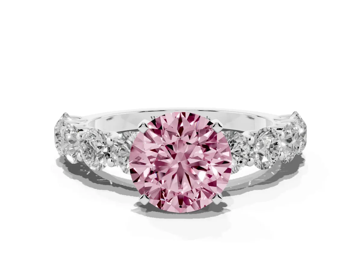 Fancy Pink Round Cut Diamond Prong Setting with Side Stones on a Pave Band Silver