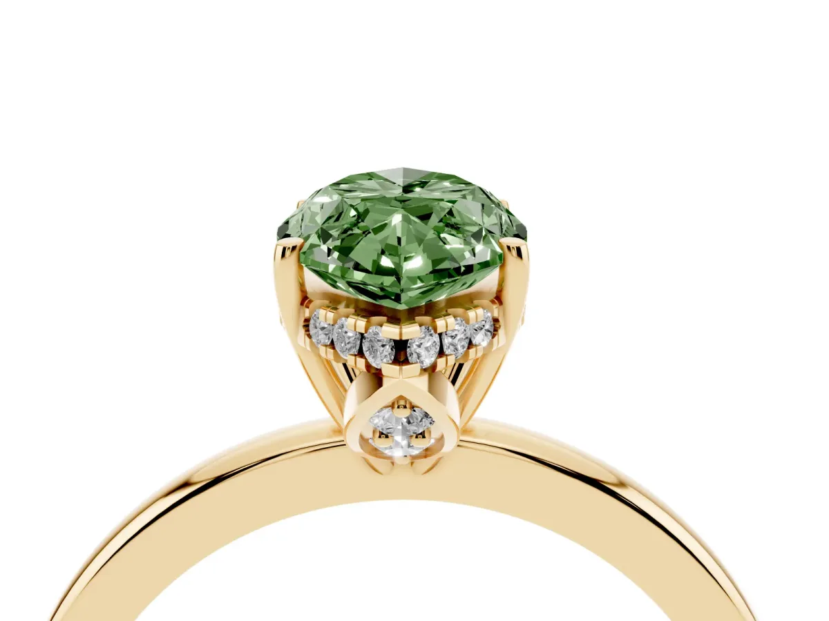 Fancy Green Marquise Cut Solitaire Diamond Ring with Prong Setting and Plain Band Yellow gold
