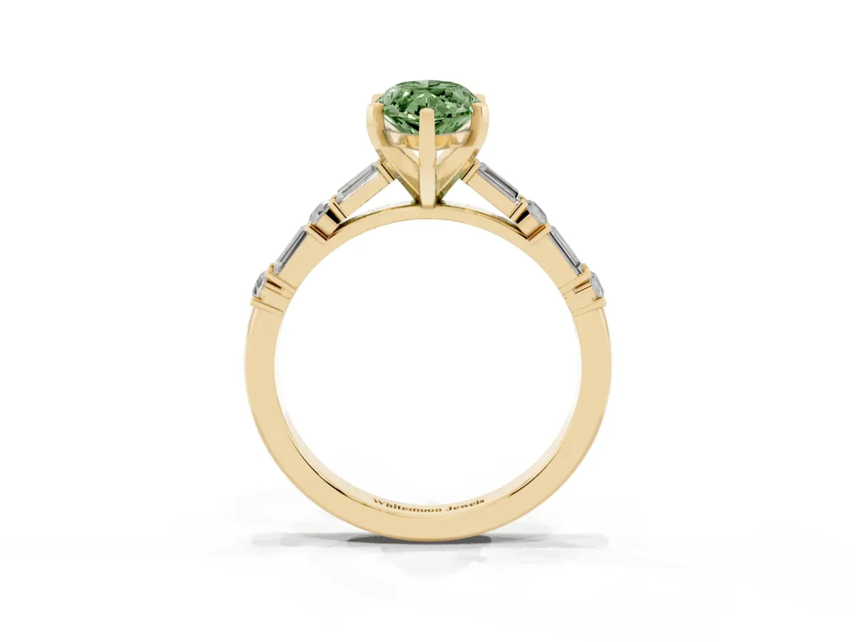 Fancy Green Marquise Cut Diamond Solitaire with Side Baguettes and Channel Set Band Yellow gold
