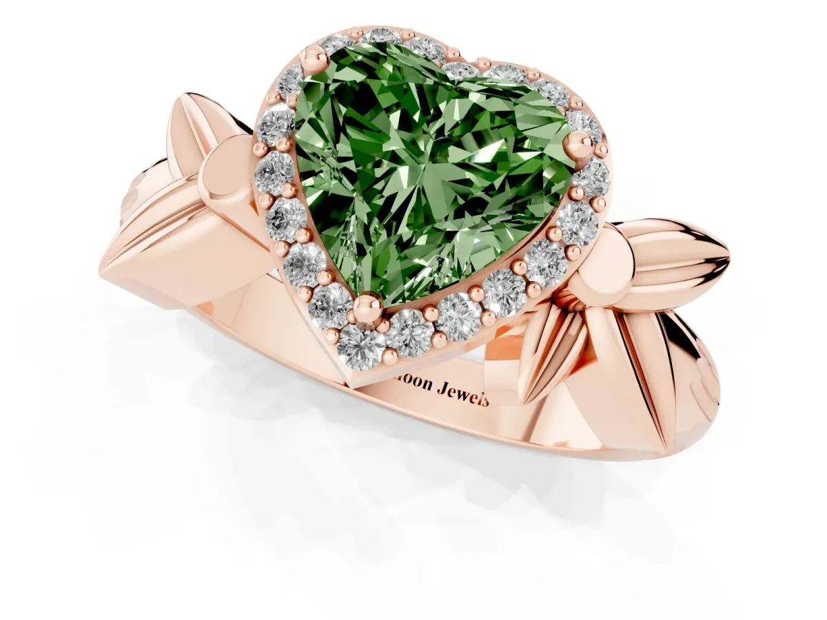 Fancy Green Heart Cut Halo Diamond Floral Band with Four-Prong Setting Rose gold