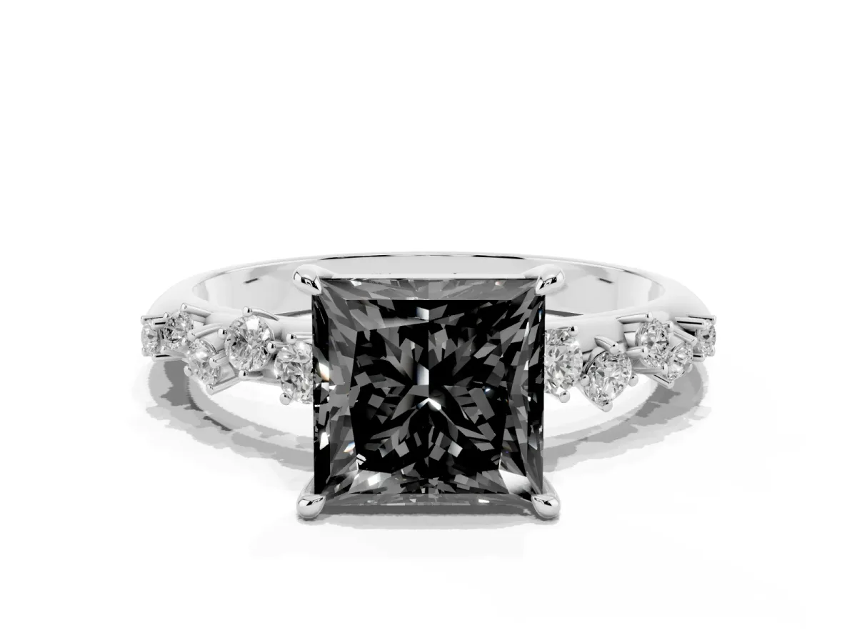 Fancy Black Princess Cut Diamond Cluster Side Stone Solitaire Ring with Prong Setting Silver
