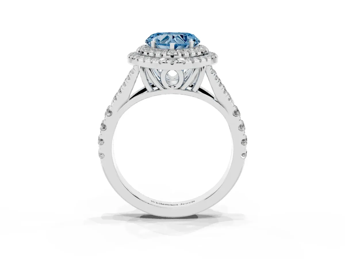 Fancy Blue Heart Cut Cut Double Halo Split Shank Diamond Ring with Prong Setting White gold