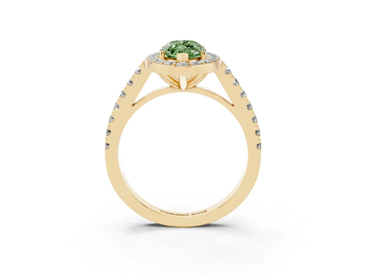 Fancy Green Marquise Cut Diamond Halo Ring with Round Pavé Split Shank and Prong Setting Yellow gold