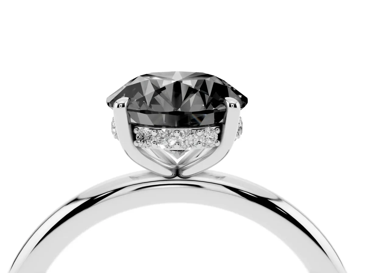 Fancy Black Round Cut Diamond Solitaire Ring with Thin Band and Four-Prong Setting Platinum