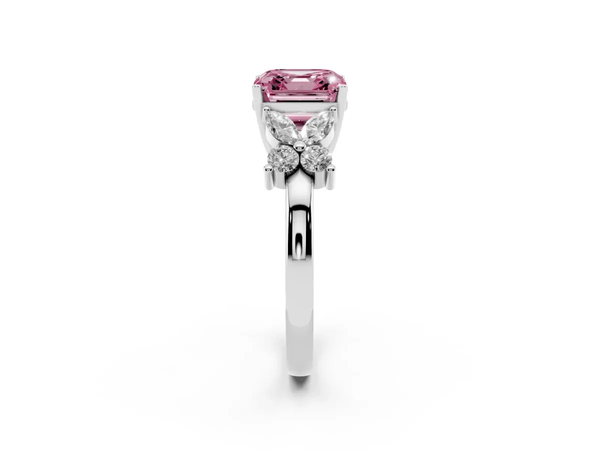 Fancy Pink Asscher Cut Diamond Floral Cluster Ring with Solitaire Band and Prong Setting Silver