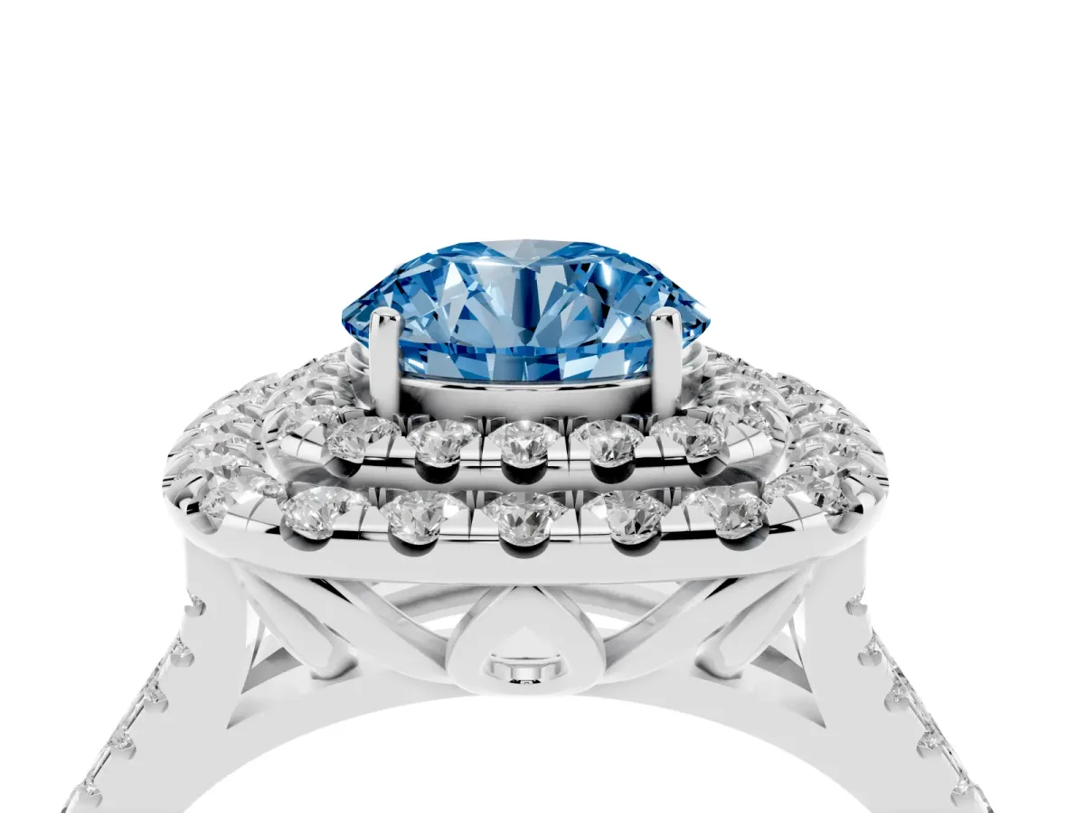 Fancy Blue Double Halo Round Cut Diamond Pavé Split Shank Ring with Prong Setting White gold