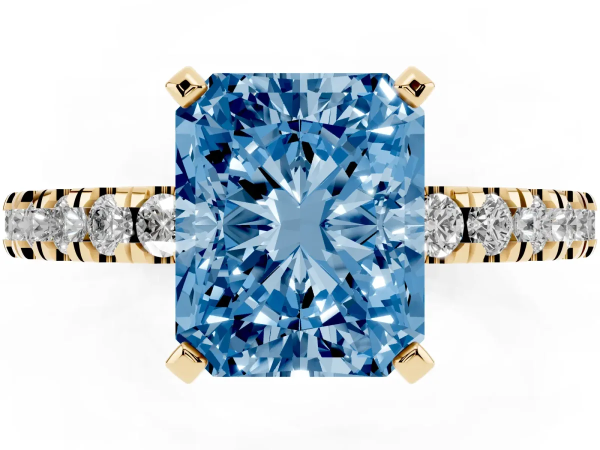 Fancy Blue Radiant Cut Solitaire Diamond with Pavé Band and Four-Prong Setting Yellow gold