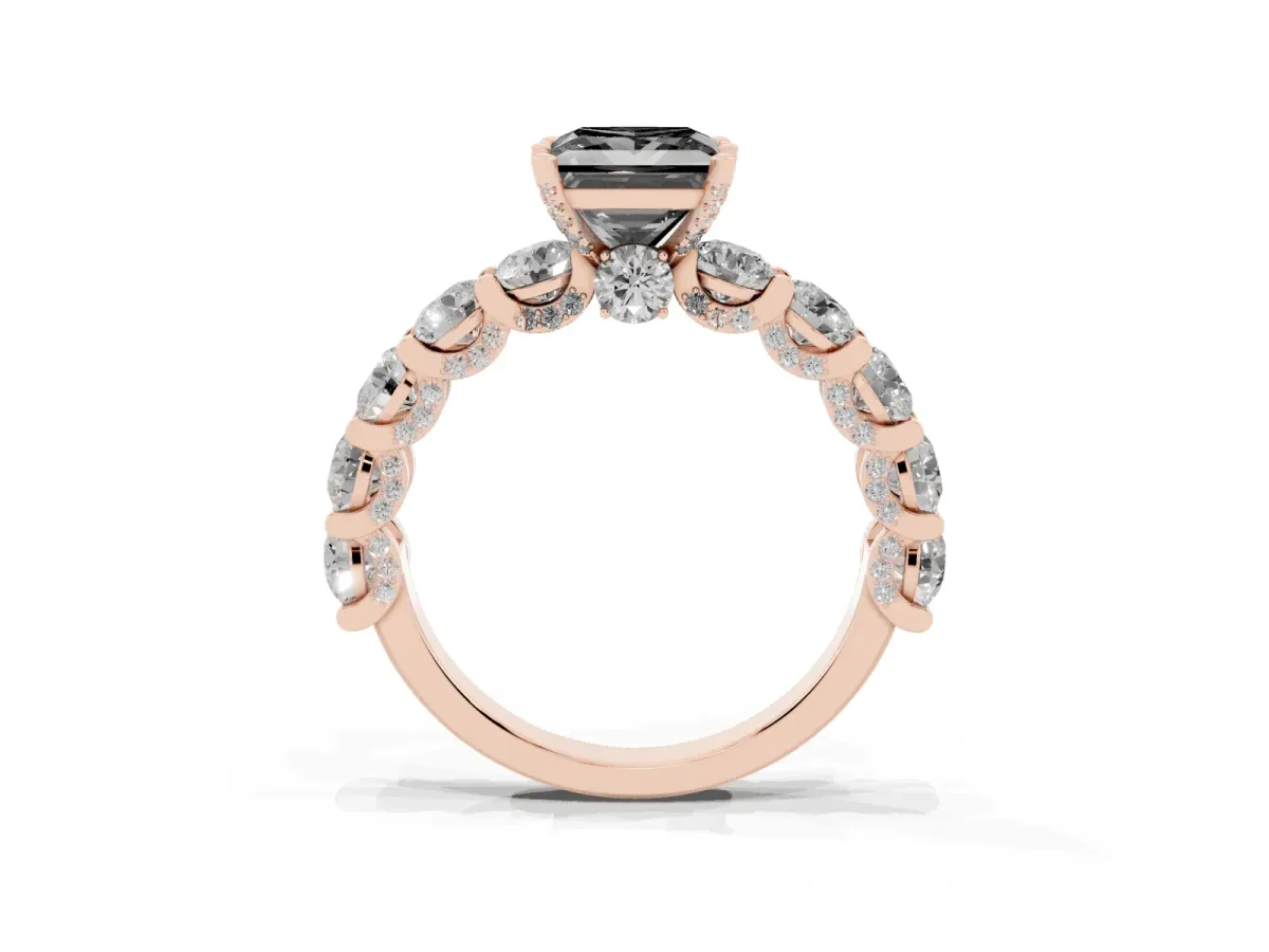 Fancy Black Princess Cut Diamond Side Stone Engagement Ring with Four-Prong Setting Rose gold