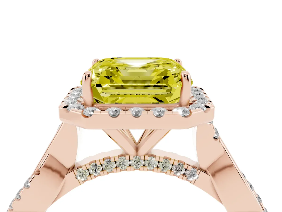 Fancy Yellow Asscher Cut Halo Twist Band Solitaire Ring Rose gold