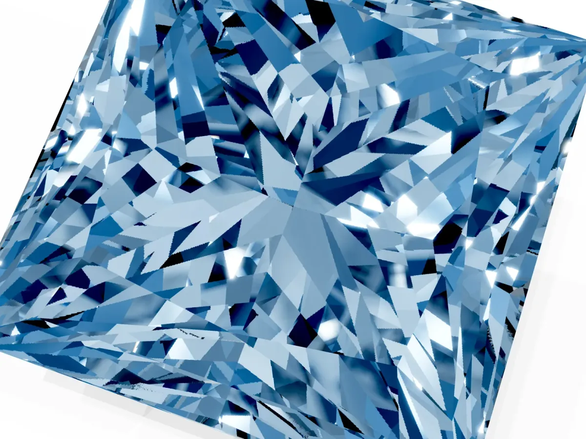 Fancy Blue Princess Cut Halo Diamond Ring with Milgrain and Bezel Accents on a Split Shank Band Platinum