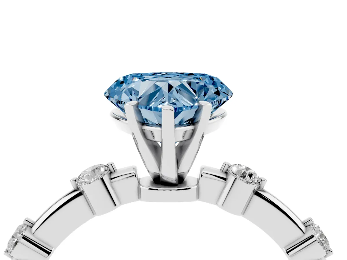 Fancy Blue Heart Cut Solitaire Diamond Ring with Bezel Set Side Stones and Prong Setting Silver
