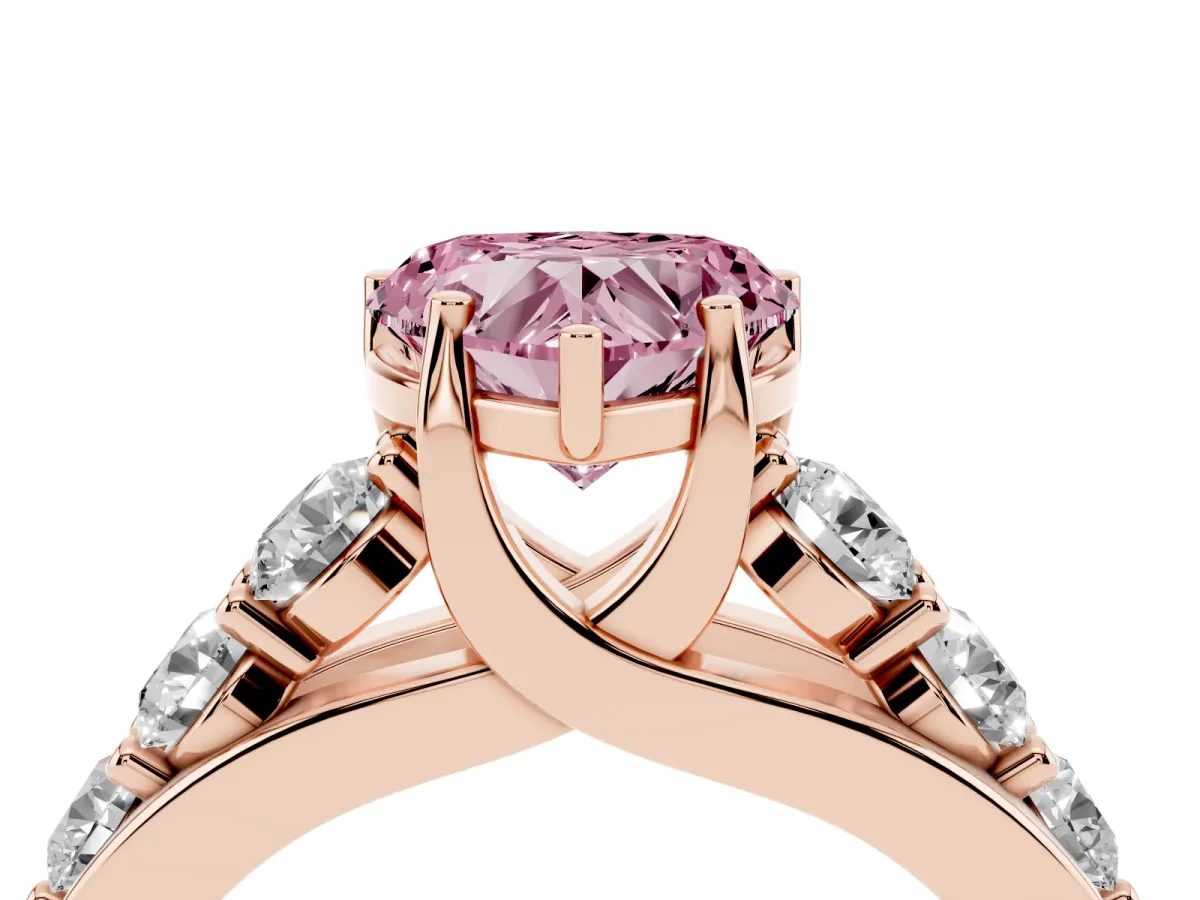 Fancy Pink Heart Cut Diamond Engagement Ring with Pavé Band and Four-Prong Setting Rose gold