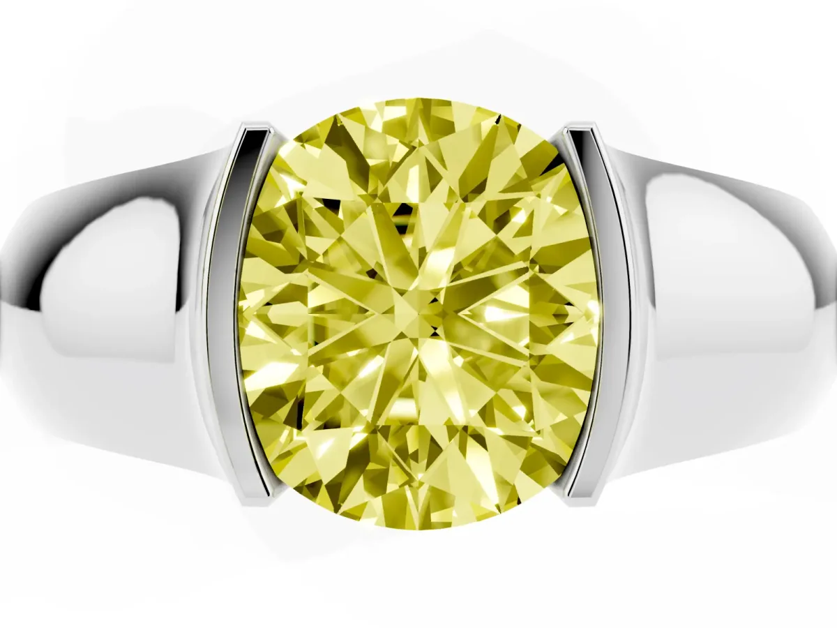 Fancy Yellow Round Cut Solitaire Bezel Set Diamond Ring with Wide Band Platinum
