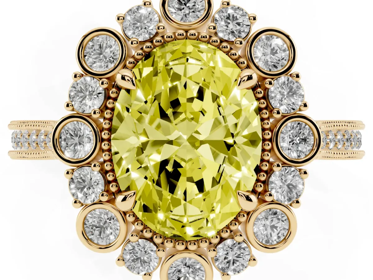 Fancy Yellow Oval Cut Halo Milgrain Pave Diamond Ring with Four-Prong Setting Yellow gold