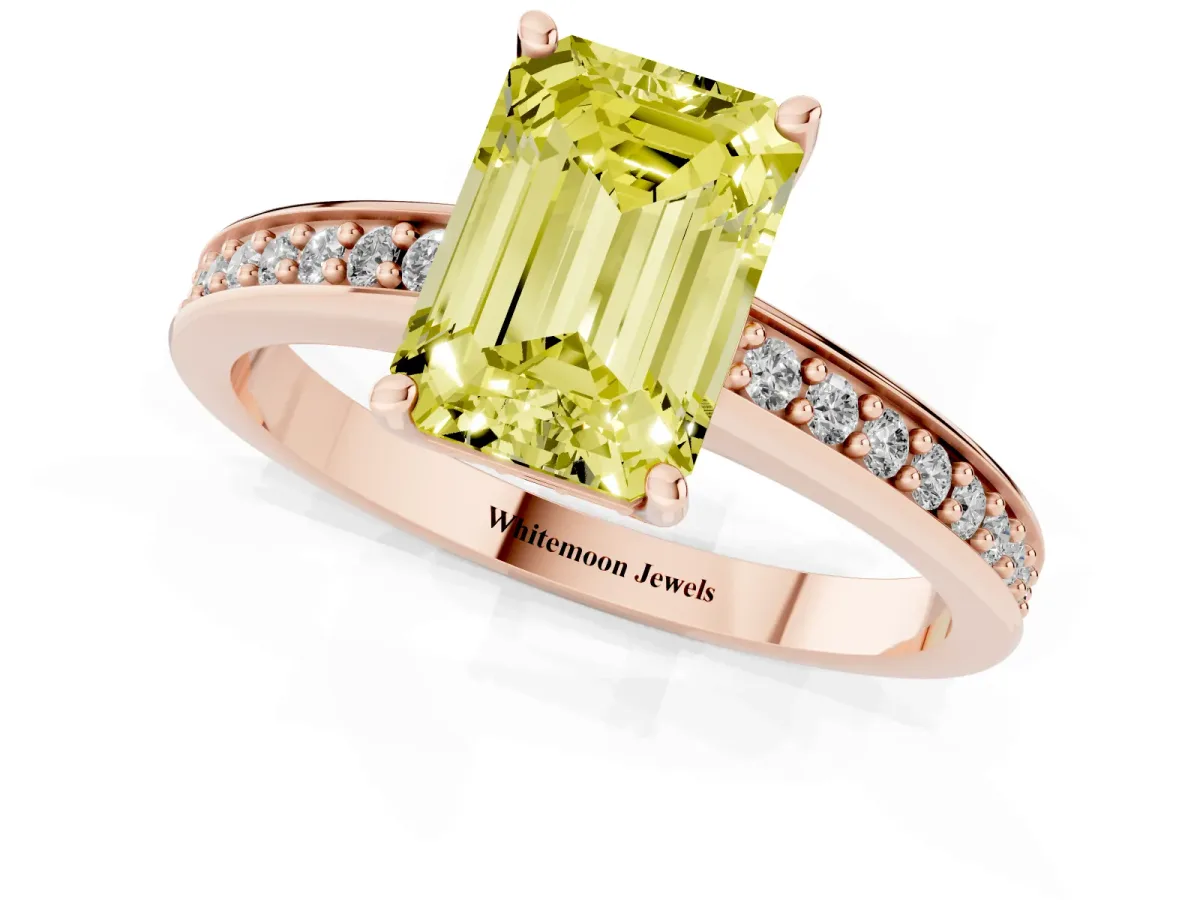 Fancy Yellow Emerald Cut Solitaire Pavé Band Prong Setting Ring Rose gold