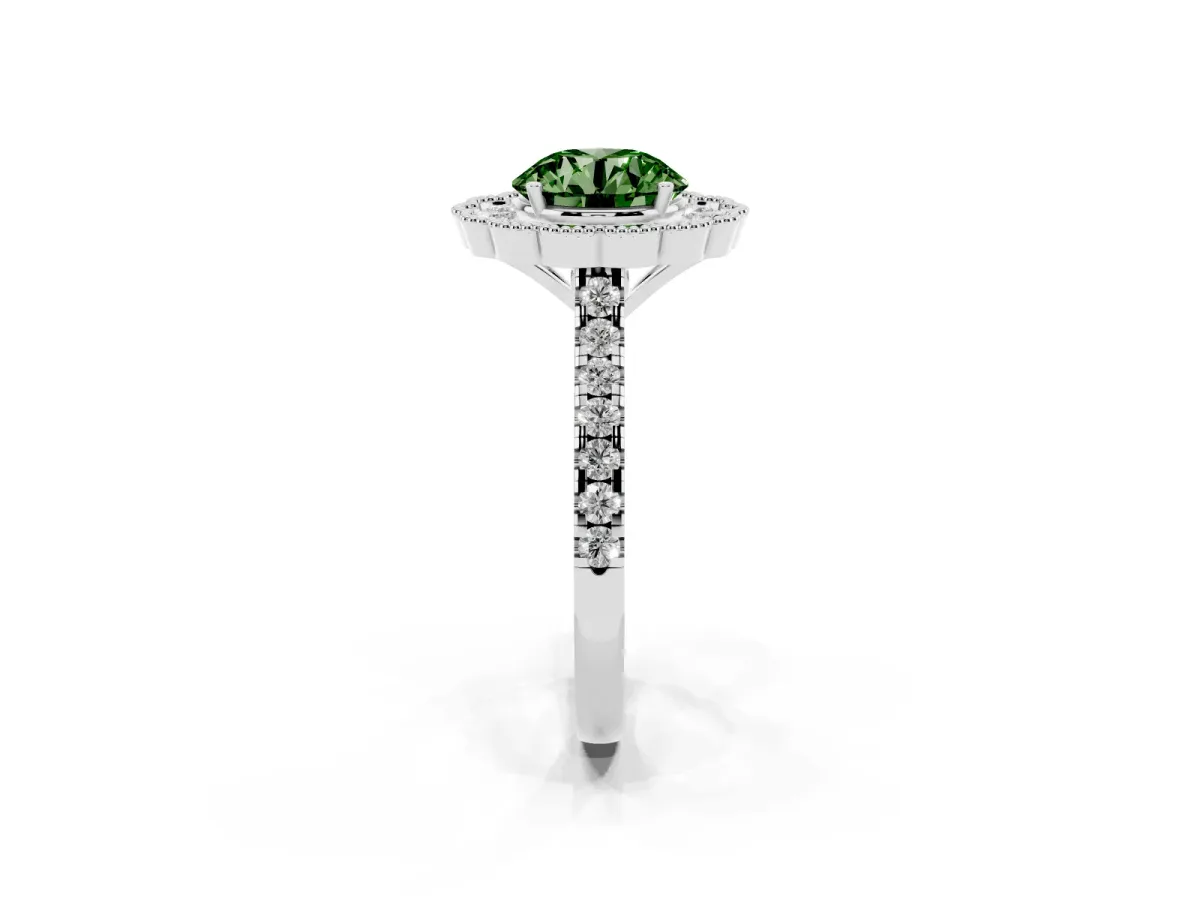 Fancy Green Round Cut Cut Diamond Milgrain Floral Halo Engagement Ring with Pavé Band White gold
