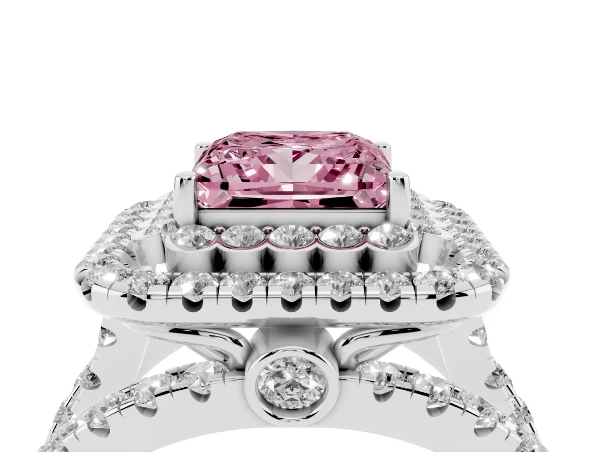 Fancy Pink Princess Cut Diamond Double Halo Ring with Round Pavé Split Shank and Prong Setting Silver