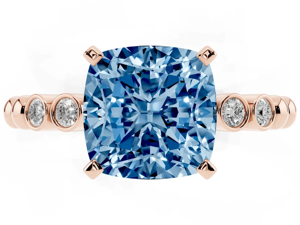 Fancy Blue Cushion Cut Solitaire Bezel Accent Diamond Engagement Ring with Beaded Band and Four-Prong Setting Rose gold