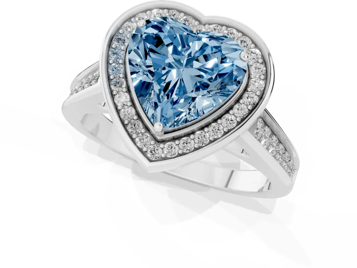 Fancy Blue Heart Cut Halo Solitaire Diamond Ring with Pave Band and Bezel Setting White gold