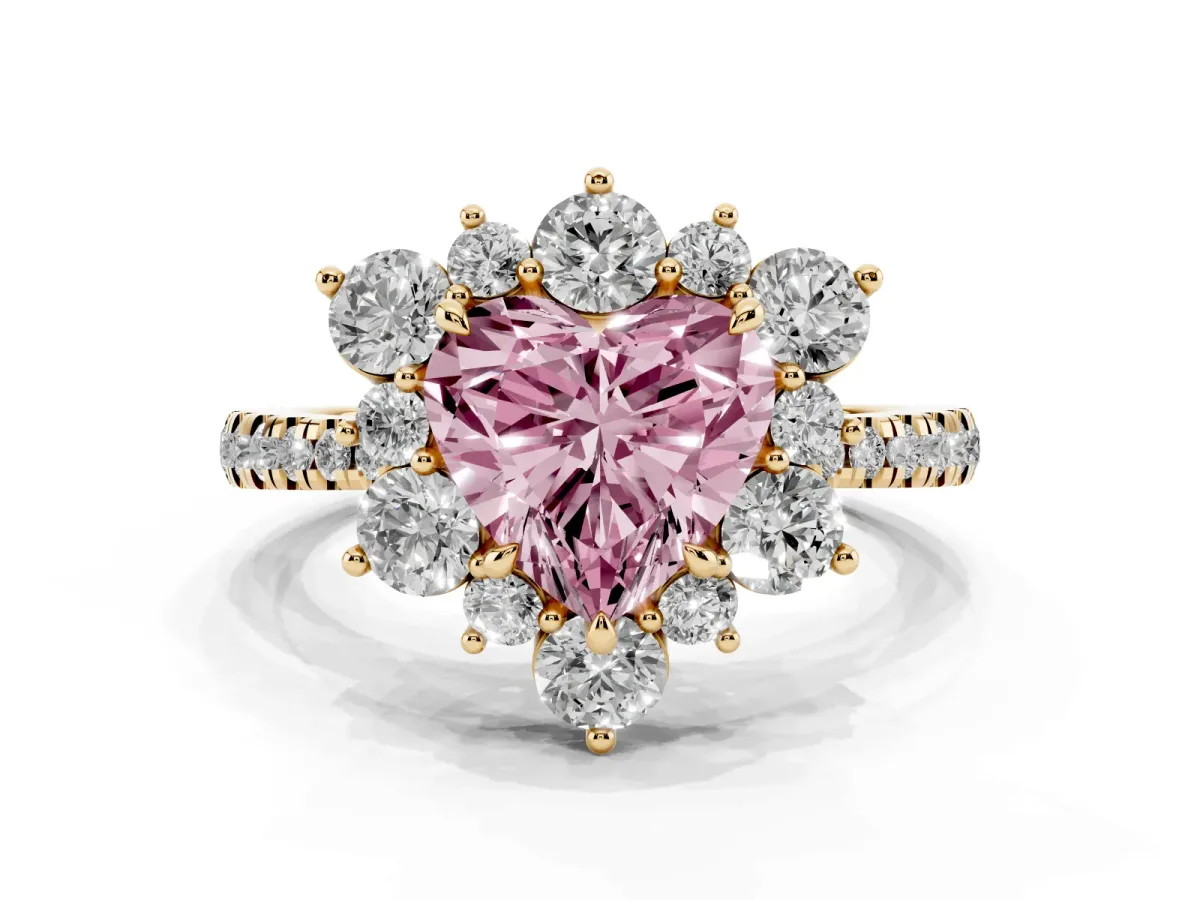 Fancy Pink Heart Cut Diamond Floral Halo Ring with Round Pavé Band and Prong Setting Yellow gold