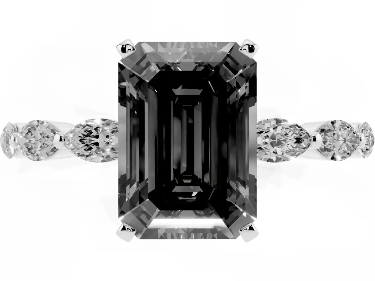Fancy Black Emerald Cut Diamond Ring with Marquise Side Stones and Prong Setting Platinum