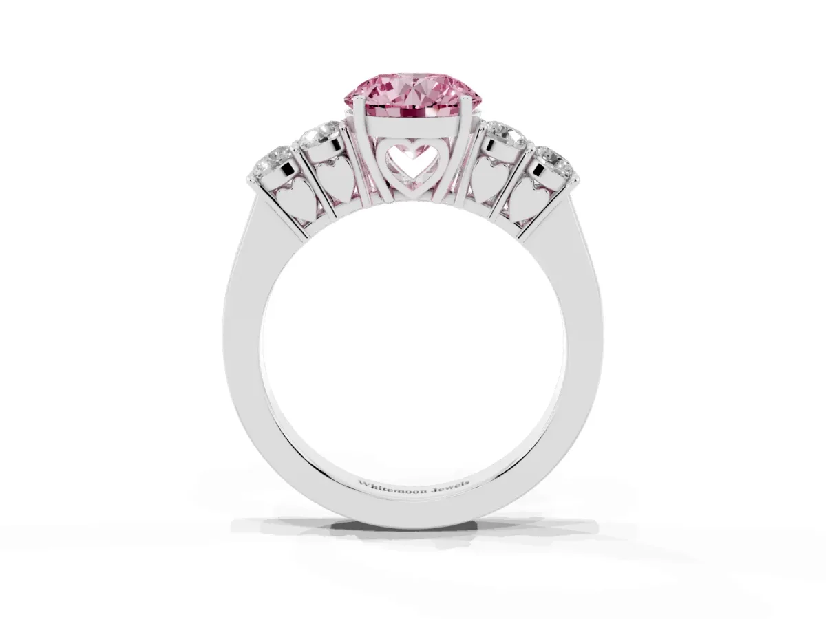 Fancy Pink Round Cut Cut Diamond Five-Stone Prong Set White Gold Ring Platinum