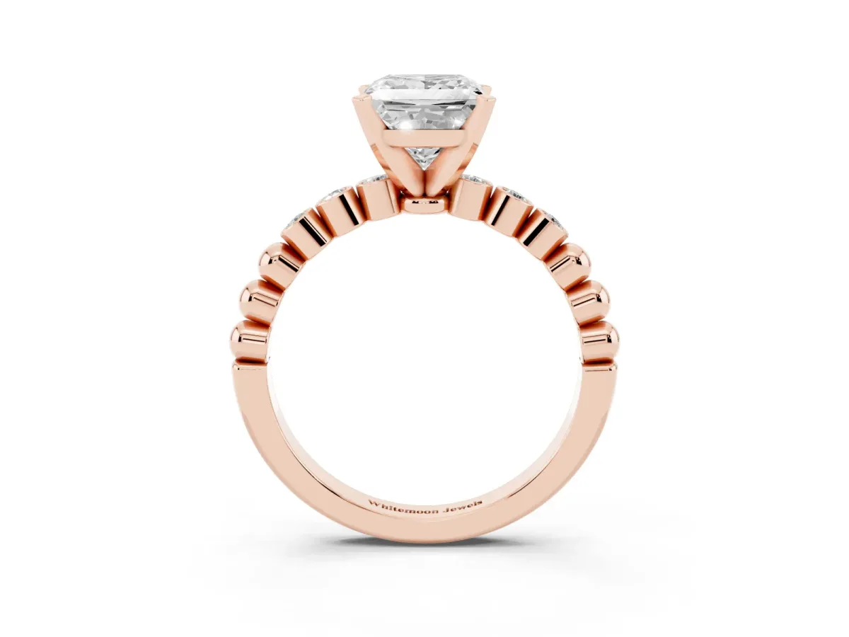 Princess Cut Solitaire Bezel Accent Diamond Engagement Ring with Beaded Band and Four-Prong Setting Rose gold
