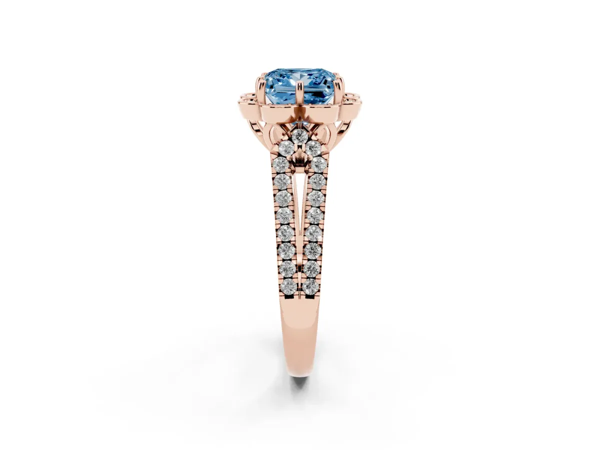 Fancy Blue Princess Cut Halo Diamond Floral Split Shank Engagement Ring Rose gold