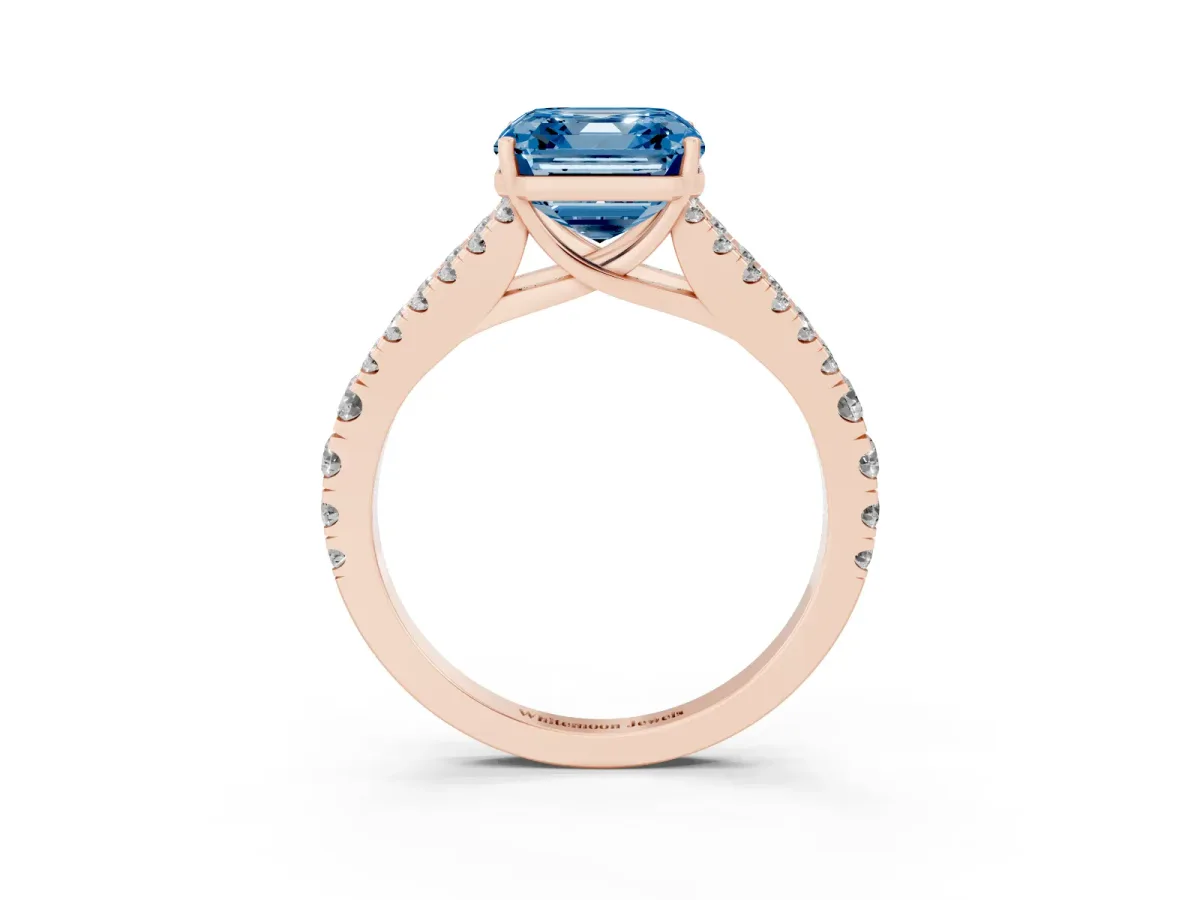 Fancy Blue Asscher Cut Diamond Split Shank Pavé Engagement Ring with Four-Prong Setting Rose gold
