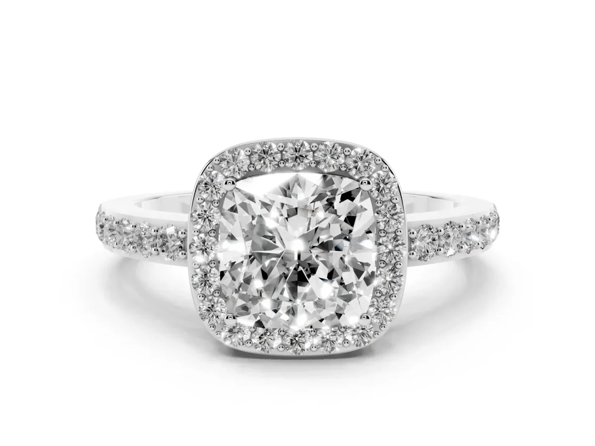 Cushion Cut Halo Diamond Pavé Band Ring with Prong Setting Silver