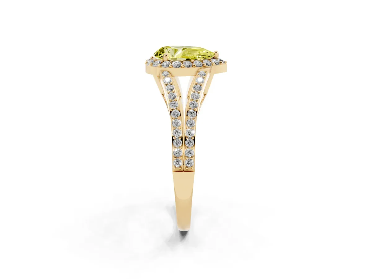 Fancy Yellow Pear Cut Halo Split Shank Pave Diamond Ring with Four-Prong Setting Yellow gold