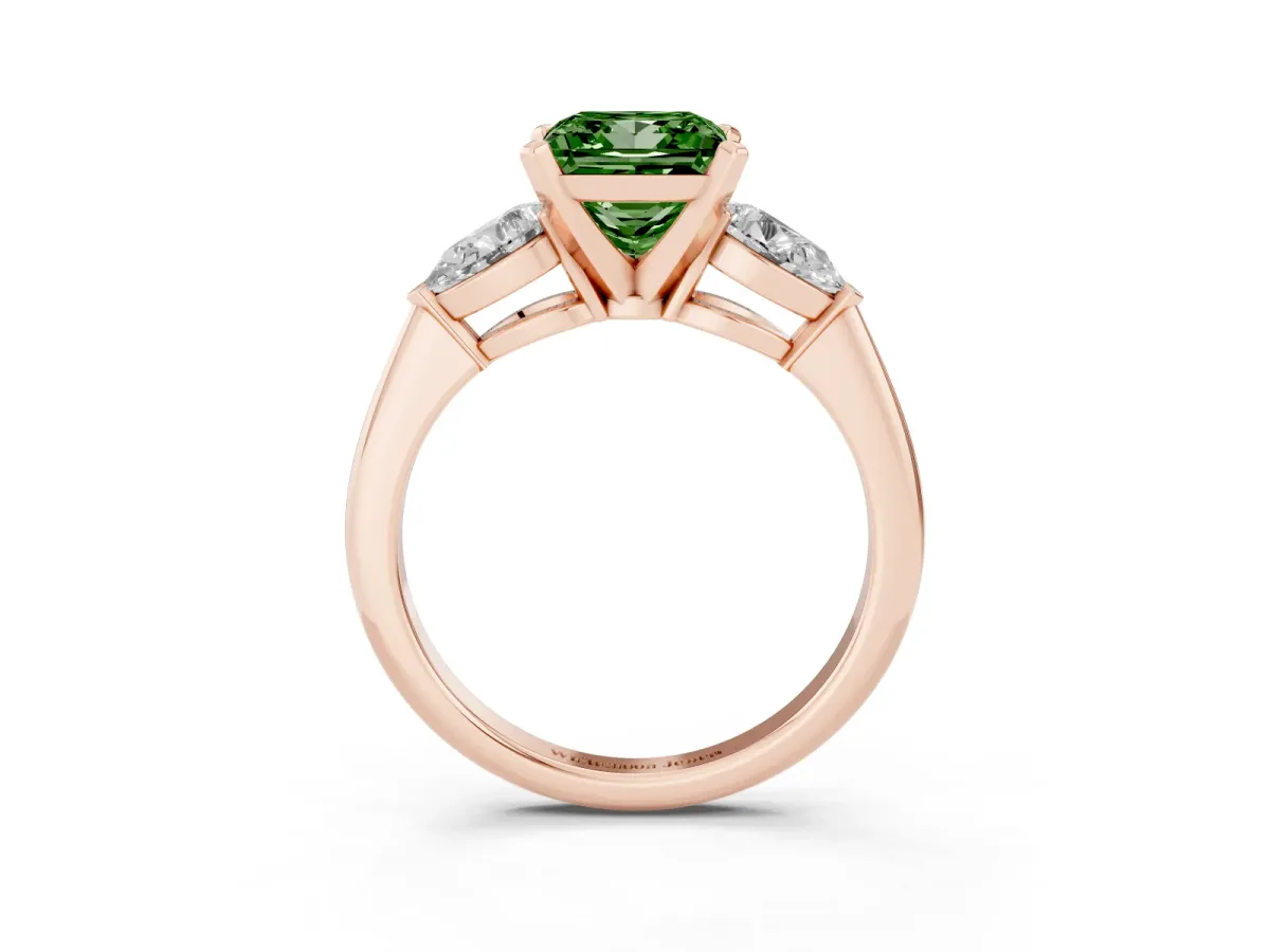 Fancy Green Three-Stone Princess Cut Diamond Ring with Pear Side Stones and Four-Prong Setting Rose gold