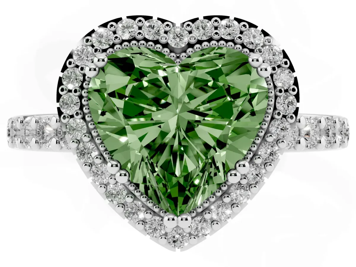 Fancy Green Heart Cut Cut Diamond Halo Engagement Ring with Milgrain Detail and Pavé Band Silver